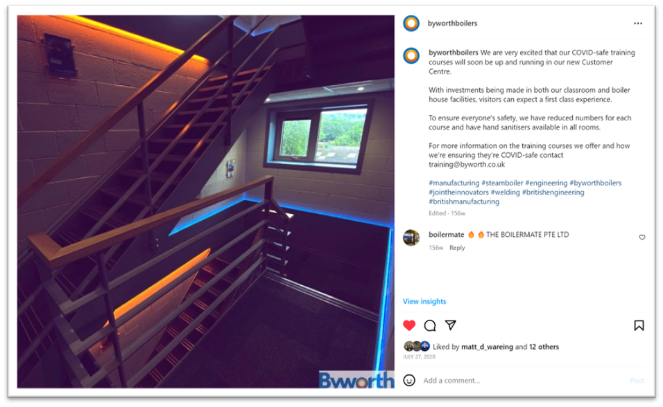 Screenshot of an Instagram post from 2020. The post shows renovations to a staircase which has blue and orange lights on