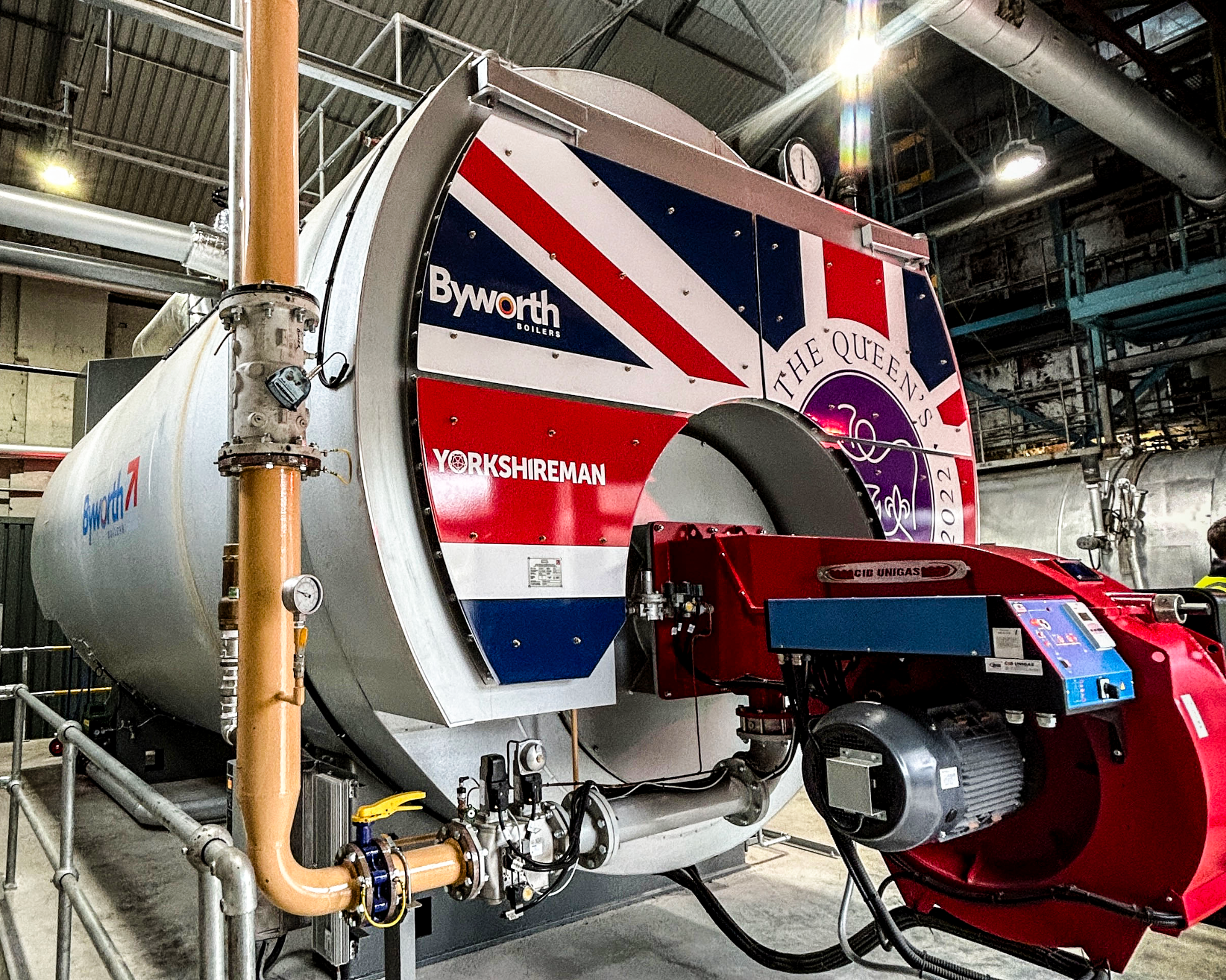 A large boiler with a union jack on the front 