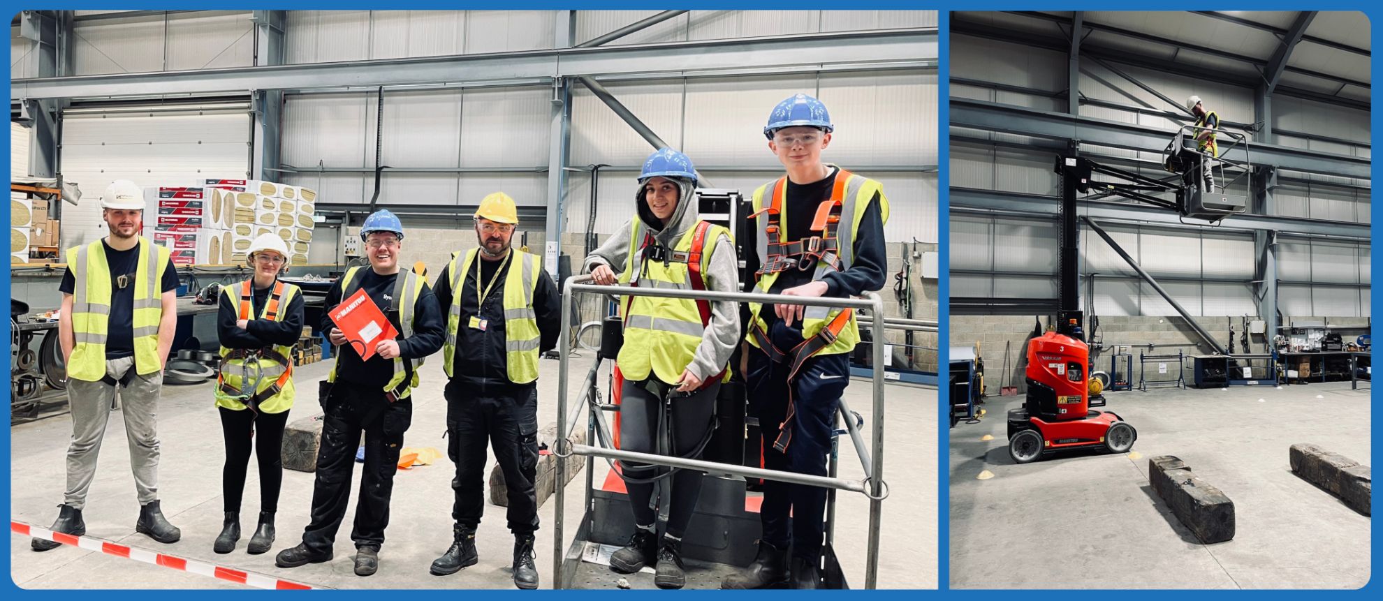 A group of employees during their training session on MEWP use and operation, they are all demonstrating the correct PPE required for the task. 