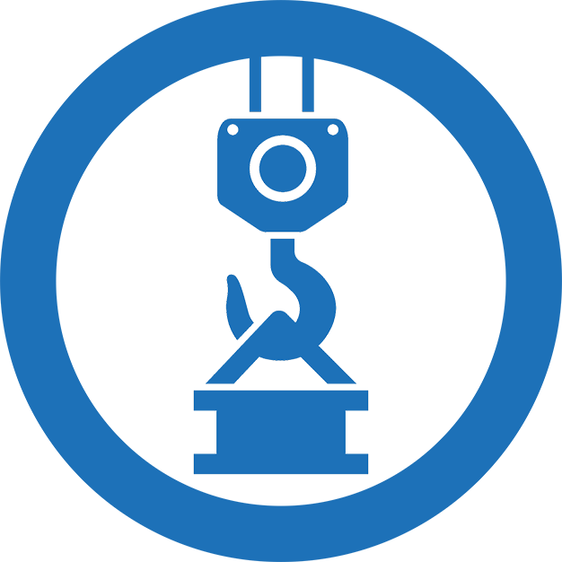 A blue circle icon with a crane within the circle signifying the symbol for installation
