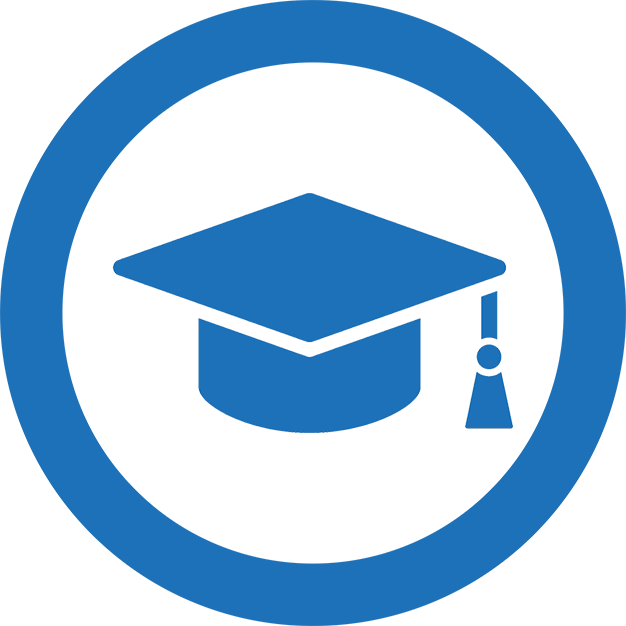 Blue circle icon with a blue mortar board icon within