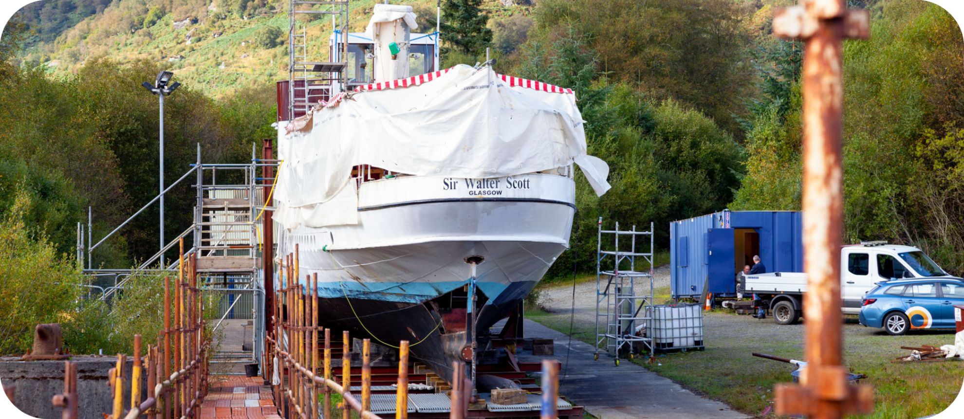 The Steamship Sir Walter Scott during the restoration project half covered with sheeting