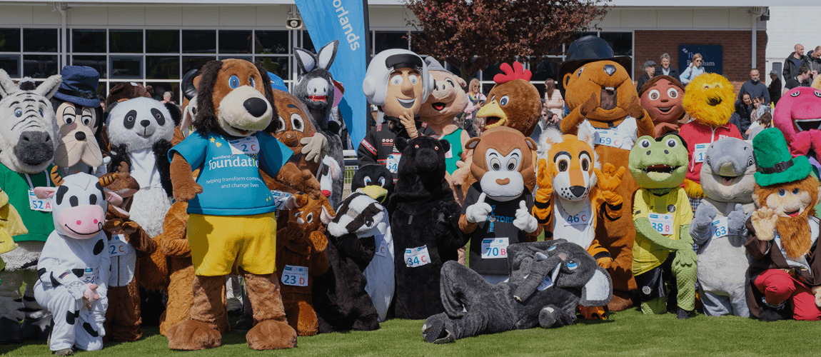 A group of mascots pose for a photograph in the sunshine on grass. 