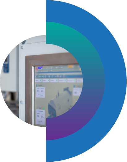 A unity screen within a boiler house surrounded by a half circle graphic 